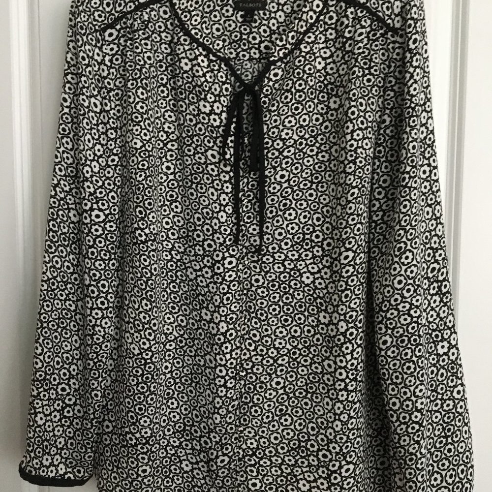 Talbots Black/White Tie-Neck Blouse